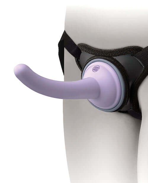 Dillio Platinum Body Dock SE Pegging Kit with 5 inches Platinum Silicone Dildo attached to harness system.