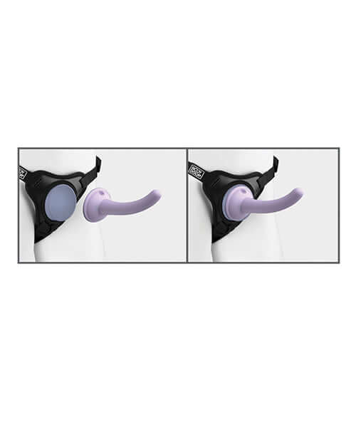 Dillio Platinum Body Dock SE Pegging Kit with 5-inch Dildo shown with harness system.