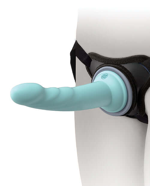 Dillio Platinum Body Dock SE Fantasy Kit light blue dildo attached to a harness system.