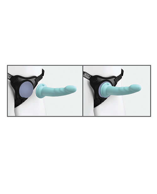 Body Dock SE Fantasy Kit with Platinum Silicone Dillio Dildos, showing attachment on a harness system.