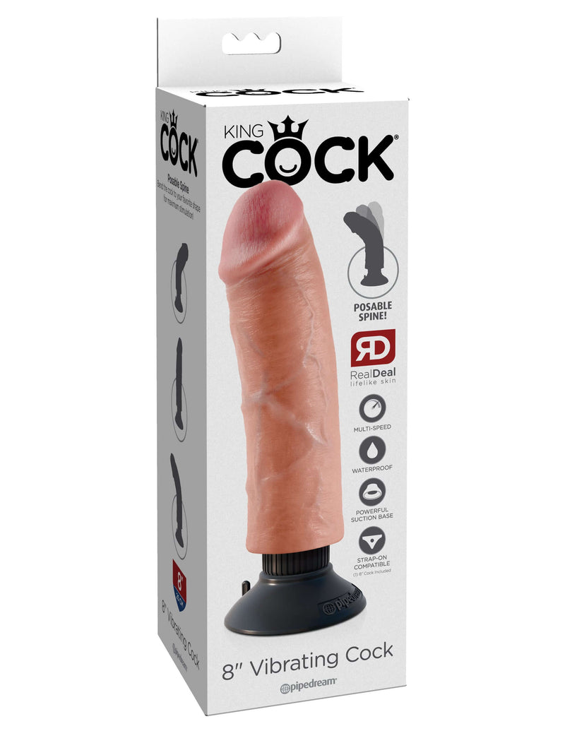 King Cock 8 inches Vibrating Dildo Beige Real Deal packaging with posable spine and realistic features