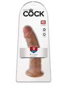 King Cock 9-Inch Tan Dildo in packaging, featuring realistic design for lifelike pleasure experiences.