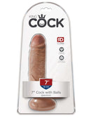 King Cock 7-inch realistic dildo with balls in packaging featuring detailed veins and suction cup base in Tan color