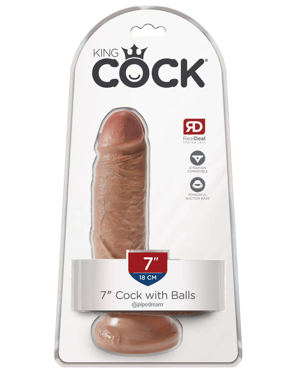 King Cock 7-inch realistic dildo with balls in packaging featuring detailed veins and suction cup base in Tan color