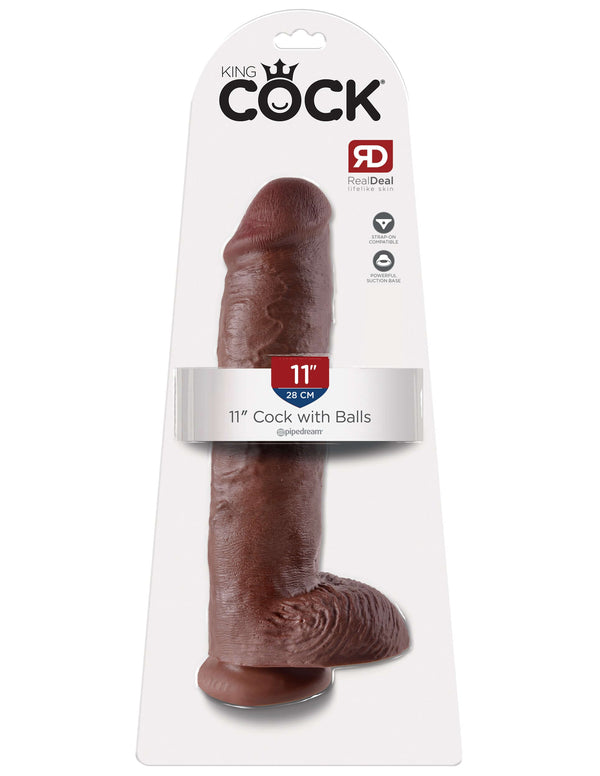 King Cock 11 inches Brown Dildo with Balls Real Deal packaging showing realistic veins and powerful suction cup