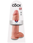 King Cock 12-inch dildo with balls in flesh beige packaging, boasting realistic features and powerful suction cup for ultimate fantasy fulfillment