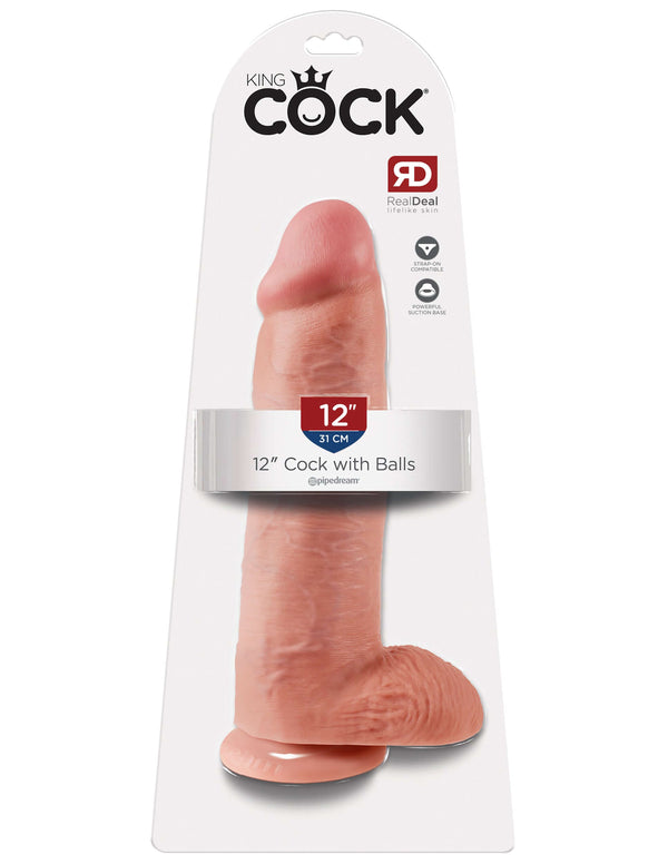 King Cock 12-inch dildo with balls in flesh beige packaging, boasting realistic features and powerful suction cup for ultimate fantasy fulfillment