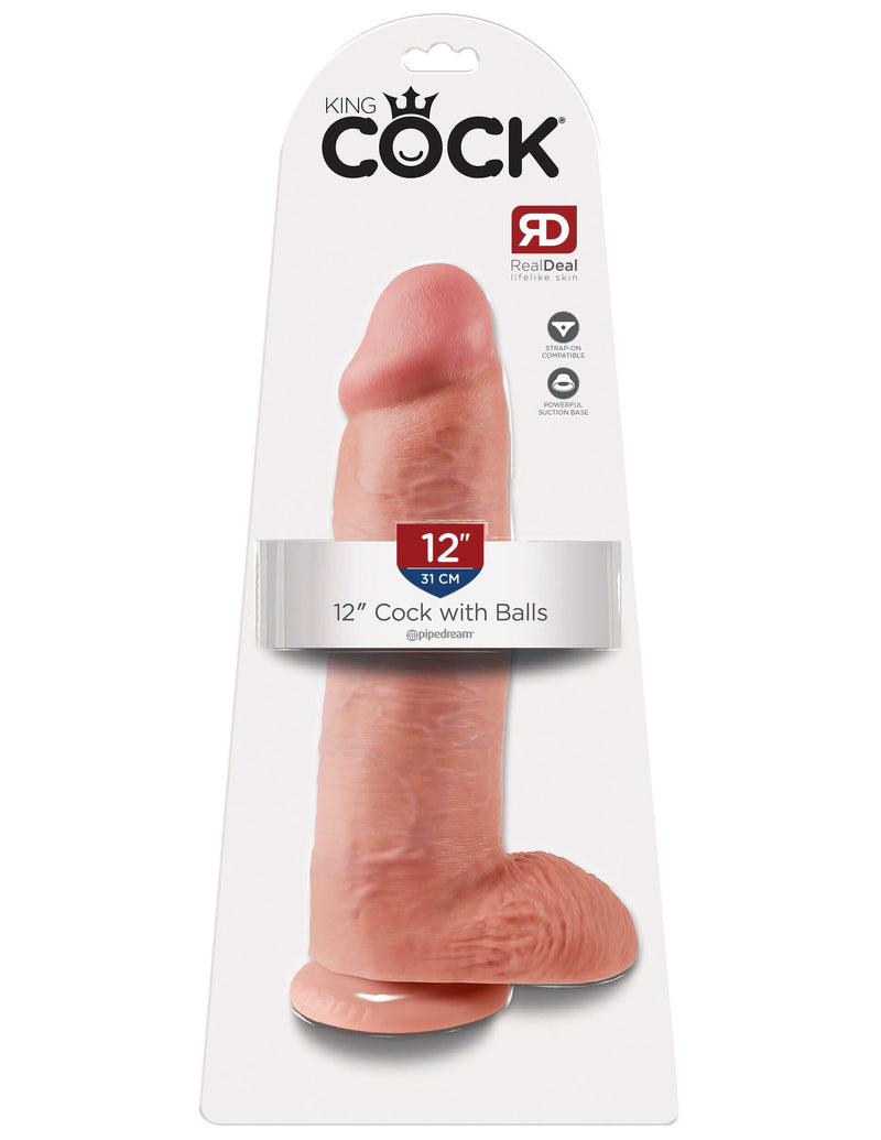 King Cock 12-inch dildo with balls in flesh beige packaging, boasting realistic features and powerful suction cup for ultimate fantasy fulfillment
