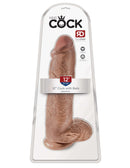 King Cock 12-Inch Tan Dildo with Balls in packaging - Realistic and harness compatible.