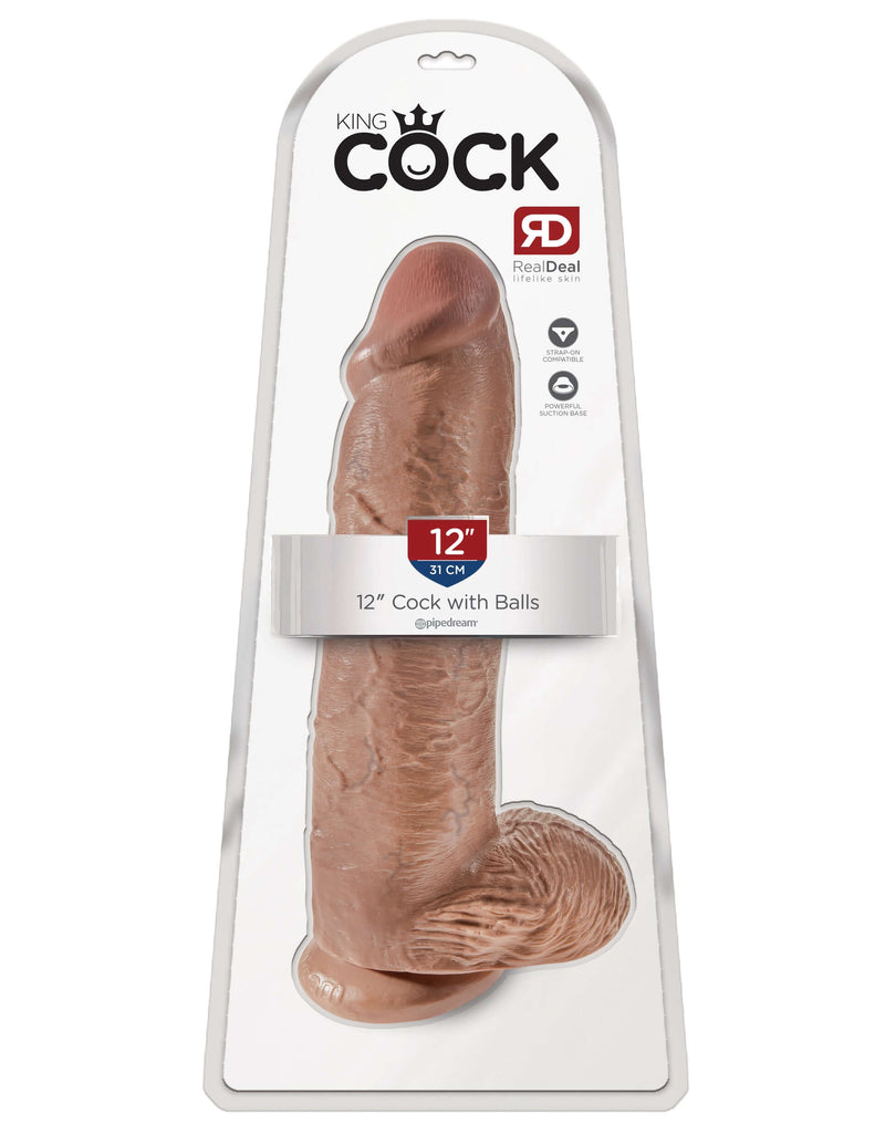 King Cock 12-Inch Tan Dildo with Balls in packaging - Realistic and harness compatible.
