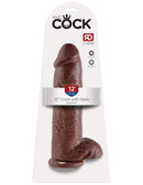 King Cock 12-inch brown dildo with balls and powerful suction cup base in packaging.