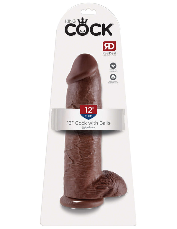 King Cock 12-inch brown dildo with balls and powerful suction cup base in packaging.