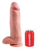 King Cock 12-inch lifelike dildo in flesh beige with veins and suction cup next to a red Pipedream can for size comparison.