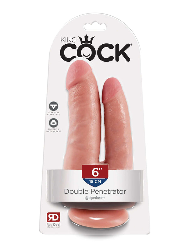 King Cock Double Penetrator Flesh Beige Dildo in packaging with 6-inch dual shaft design