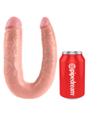 King Cock U-Shaped Large Double Trouble Flesh Beige dildo next to a red Pipedream can for size comparison