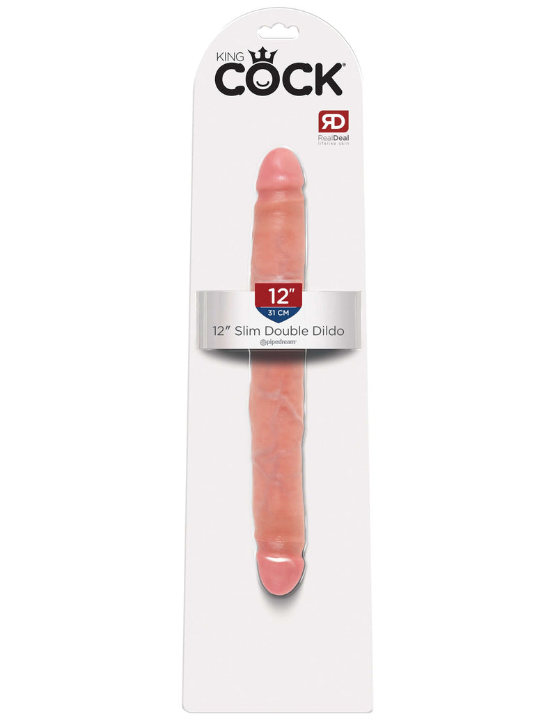 King Cock 12-Inch Slim Double Dildo in Realistic Flesh Beige packaging displaying lifelike dual-ended dildo