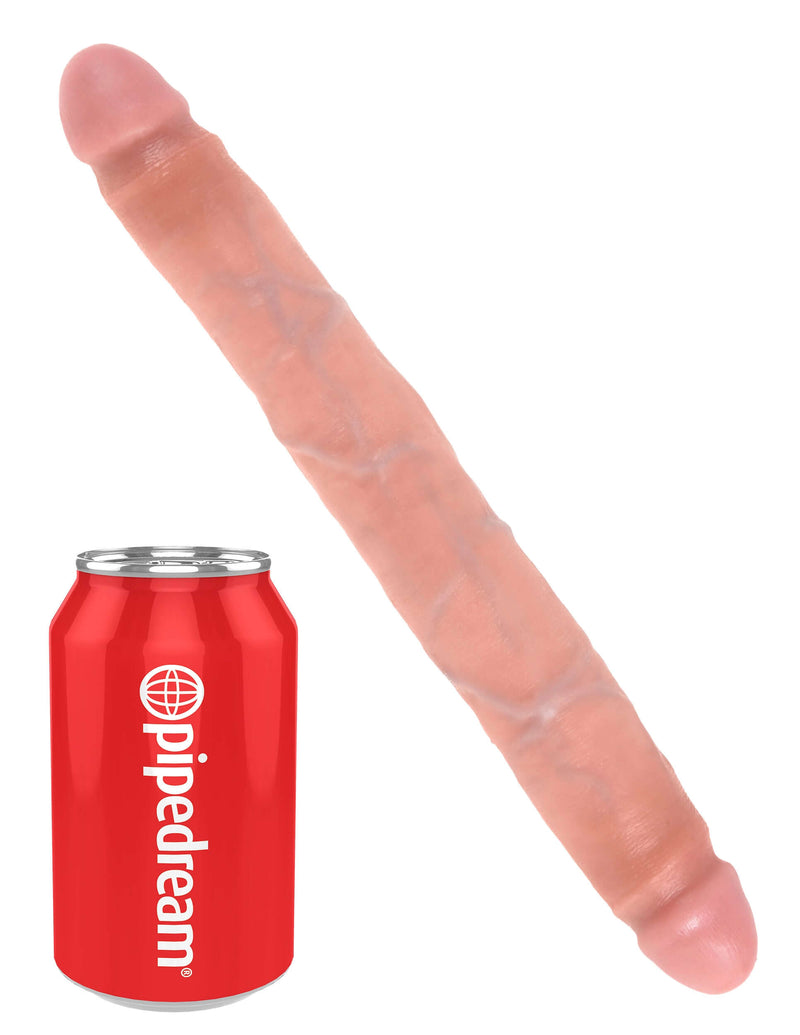 King Cock 12-Inch Slim Double Dildo in Realistic Flesh Beige alongside a red Pipedream soda can for size comparison.