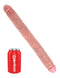 King Cock 16 inches thick double dildo flesh beige real deal product next to a Pipedream soda can for size comparison