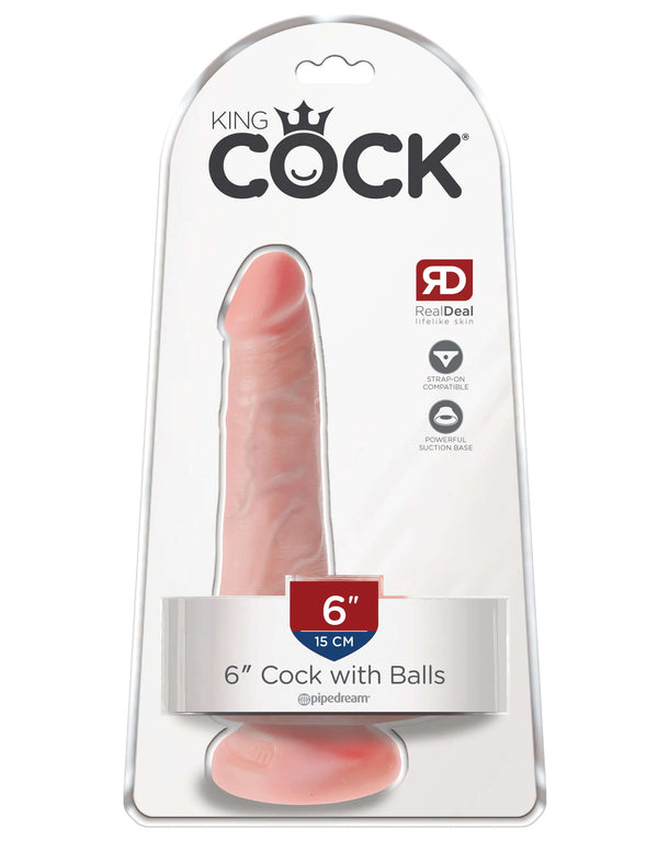 King Cock 6 inches Cock with Balls in packaging, realistic dildo with veins, strong suction cup base, beige, harness-compatible.