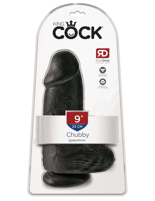 King Cock Chubby 9-inch black dildo with balls in packaging.