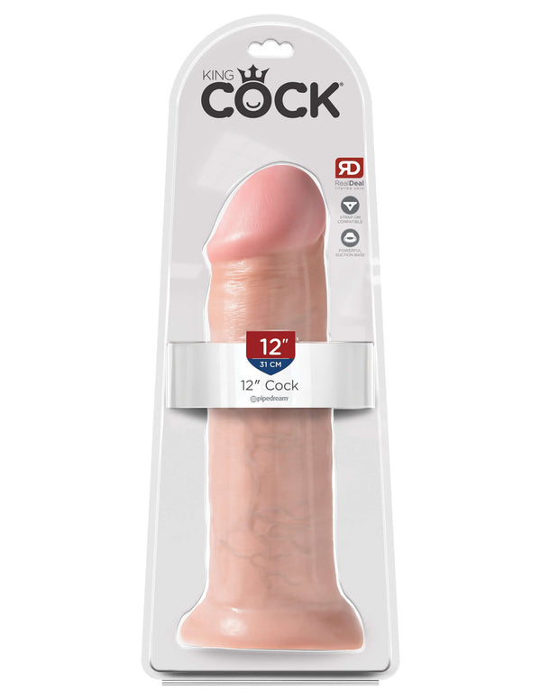 King Cock 12-inch beige dildo by Pipedream Products with realistic veins and powerful suction cup base in packaging.