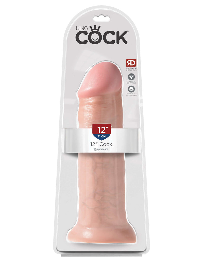 King Cock 12-inch beige dildo by Pipedream Products with realistic veins and powerful suction cup base in packaging.
