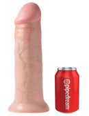 King Cock 12-inch beige dildo with realistic veins and suction cup base from Pipedream Products, shown next to a red soda can for size comparison.