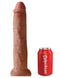 King Cock 13 inch tan dildo with realistic veins and suction cup beside a Pipedream soda can for size comparison.