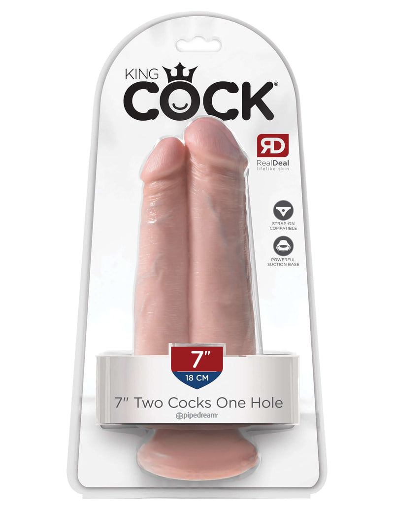 King Cock 7-Inch Two Cocks One Hole Double Dildo in packaging - Realistic and lifelike double penetration dildo in beige.
