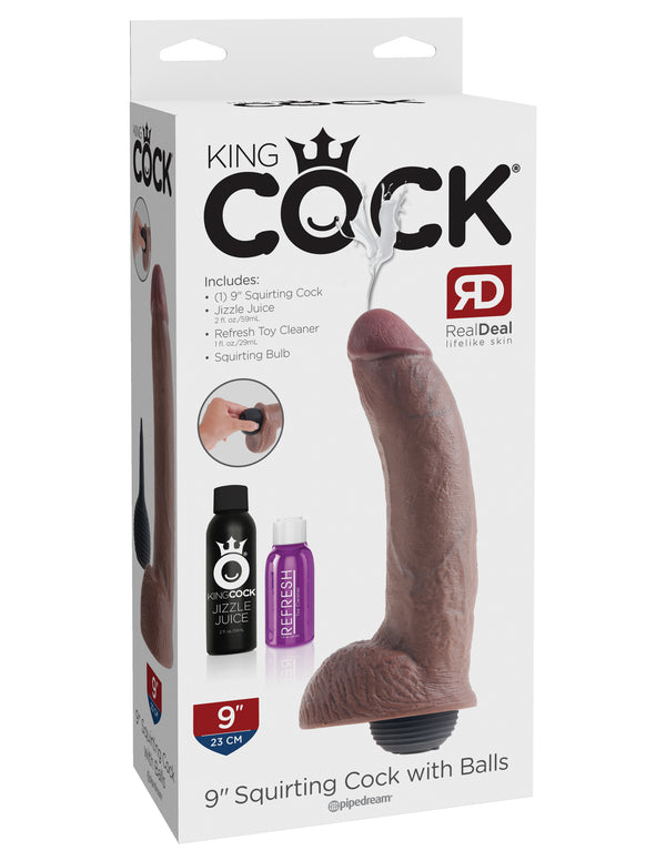 Pipedream Products King Cock 9 inches Squirting Cock with Balls Brown Dildo Real Deal RD at $49.99