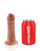King Cock 6-Inch Tan Dildo by Pipedream next to red can for size comparison. Realistic look with detailed veins and head.