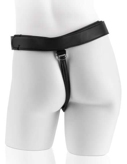 King Cock Strap-On Harness with black adjustable belt displayed on a mannequin waist.