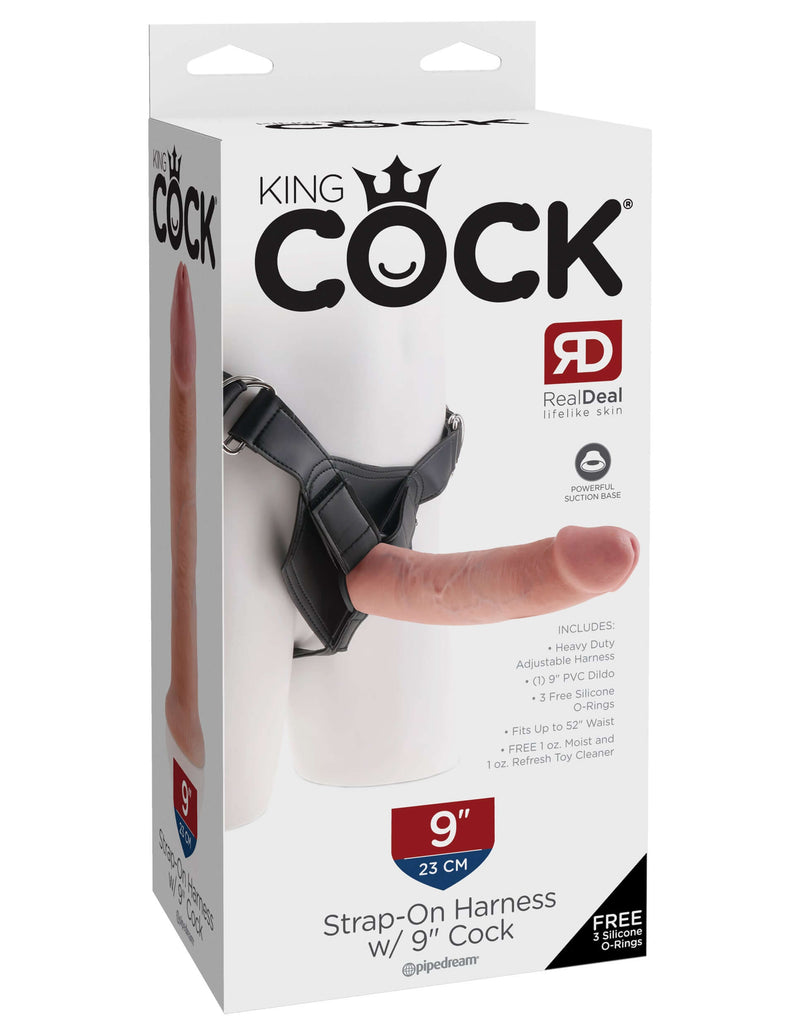 King Cock Strap-On Harness with 9-Inch Realistic Dildo in packaging – lifelike texture and design for the ultimate strap-on experience