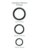 Three silicone O-rings in varying sizes for strap-on harness - includes large (2 inches), medium (1.6 inches), and small (1.2 inches).