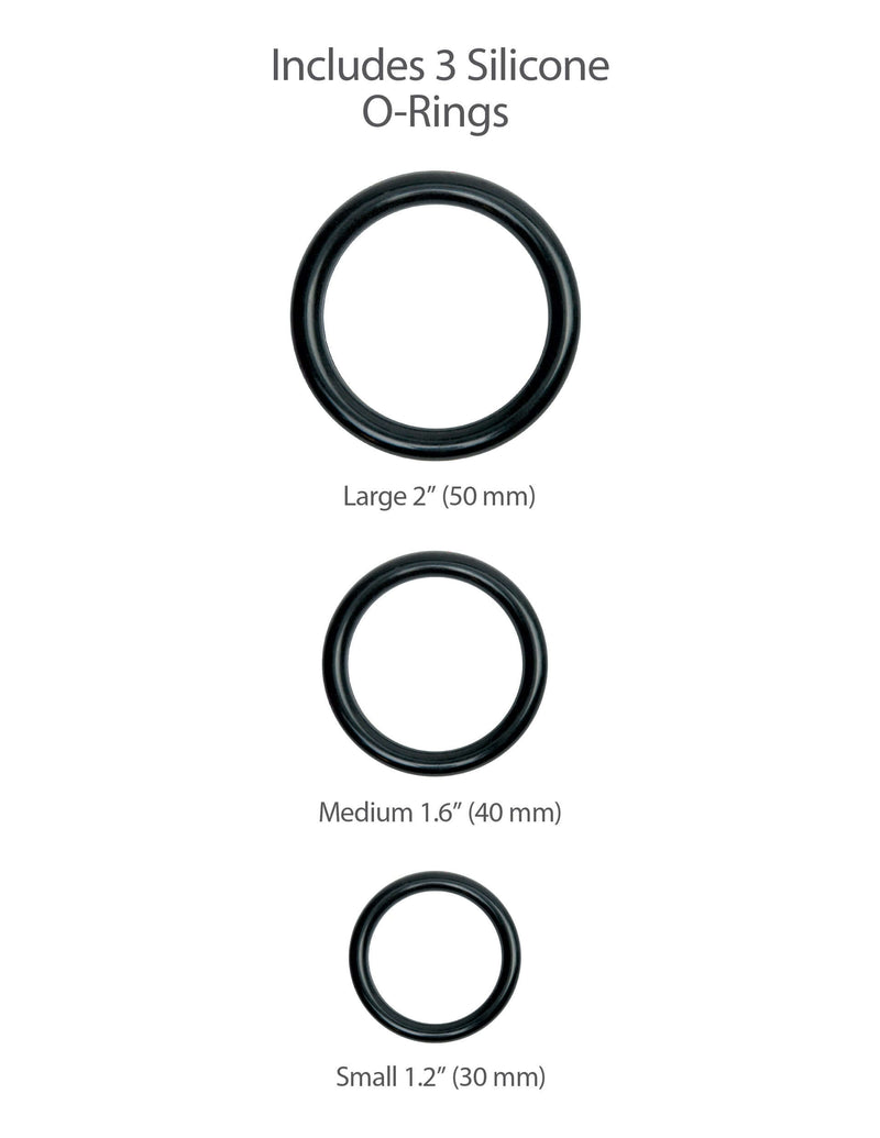 Three silicone O-rings in varying sizes for strap-on harness - includes large (2 inches), medium (1.6 inches), and small (1.2 inches).