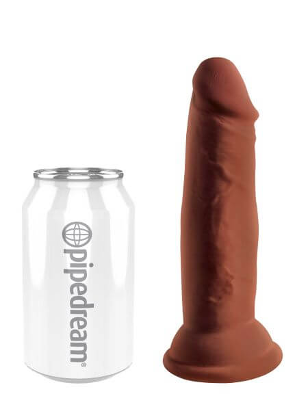 King Cock Triple Density 6 inches Brown Dildo by Pipedream Products next to a soda can for size comparison.