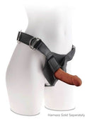 Brown King Cock Triple Density 6-inch dildo in black harness on mannequin, harness sold separately.