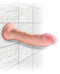 King Cock Triple Density 8 inches Beige Dildo attached to tiled wall for realistic pleasure experience