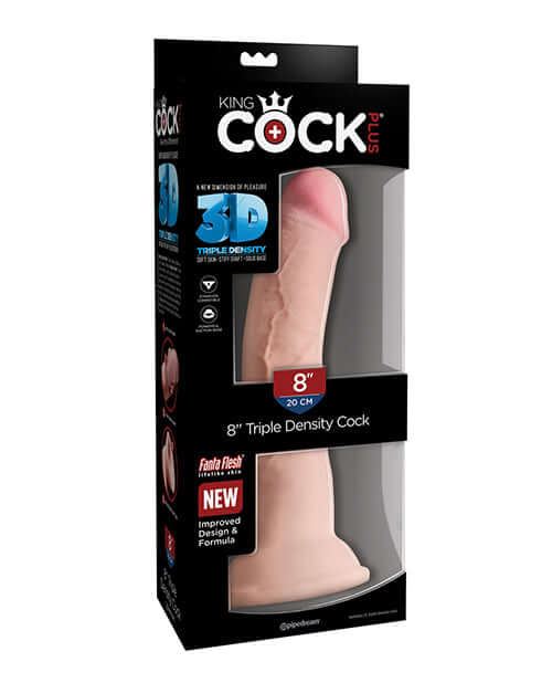 King Cock Triple Density 8 inches Beige Dildo in original packaging showcasing realistic design and triple density Fanta Flesh material.