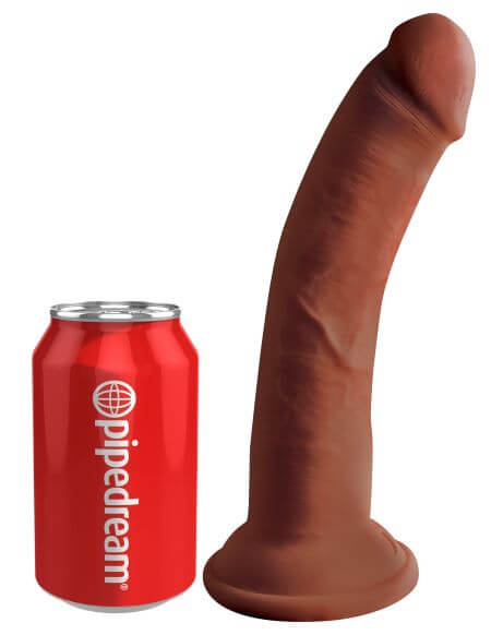 King Cock Triple Density 8-Inch Dark Brown Dildo standing next to a red Pipedream soda can for size comparison