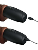 King Cock Plus 7.5 Inch Brown Dildo showing USB rechargeable feature with black charging cable plugged in and unplugged