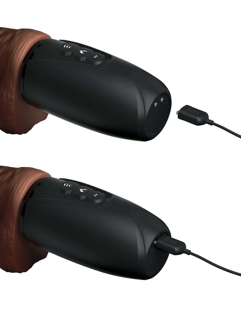 King Cock Plus 7.5 Inch Brown Dildo showing USB rechargeable feature with black charging cable plugged in and unplugged