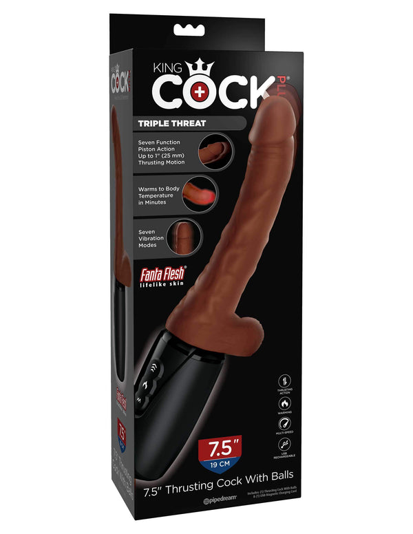 King Cock Plus 7.5 Inch Thrusting Cock with Balls in Brown packaging by Pipedream Products