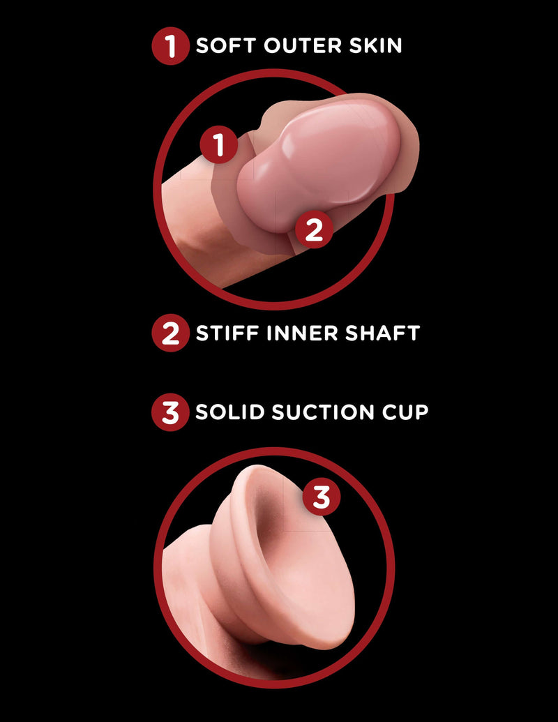 King Cock Triple Density 6-Inch Dildo showing soft outer skin, stiff inner shaft, and solid suction cup