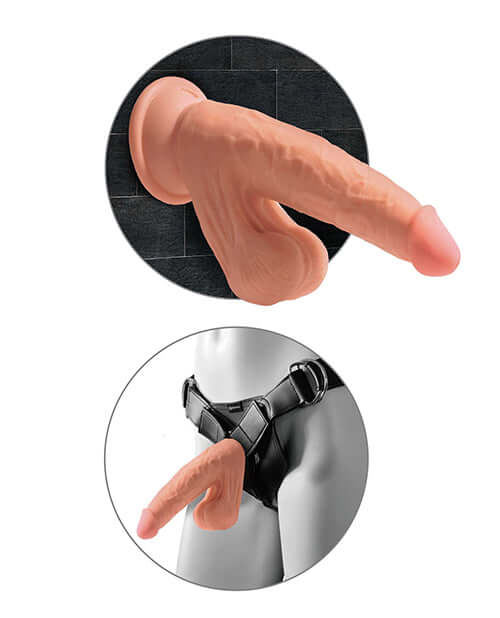 King Cock Plus 7 inches Triple Density Cock with Swinging Balls Tan mounted on harness