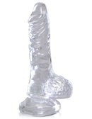 Clear 4-inch realistic dildo with balls by King Cock, translucent design, flexible, virtually odorless, and easy to clean, heightens pleasure experience