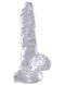 Clear 4-inch realistic dildo with balls by King Cock, translucent design, flexible, virtually odorless, and easy to clean, heightens pleasure experience