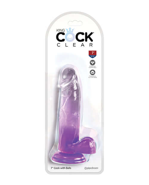 King Cock Clear Dildo 7 inches with Balls in purple packaging by Pipedream Products