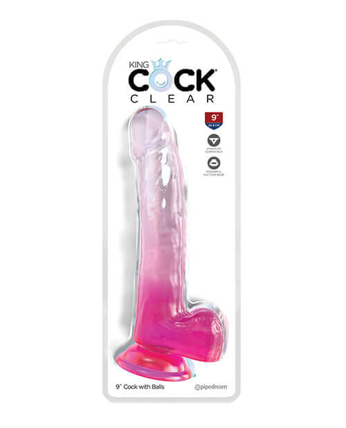 King Cock Clear Dildo 9 inches with Balls and Pink Detailing by Pipedream Products in Packaging