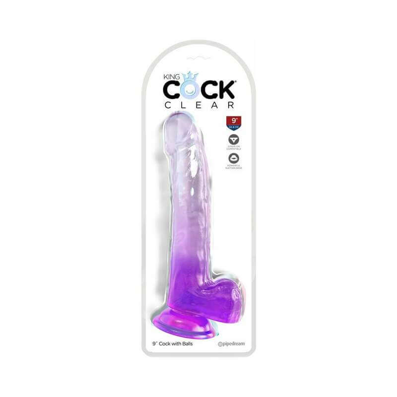 King Cock Clear Dildo with Vibrant Purple Base (9 inches) by Pipedream Products in Packaging